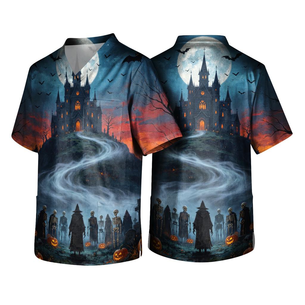 Men's Halloween Print V-Neck Scrub Top with Pocket Short Sleeve Uniform Shirt