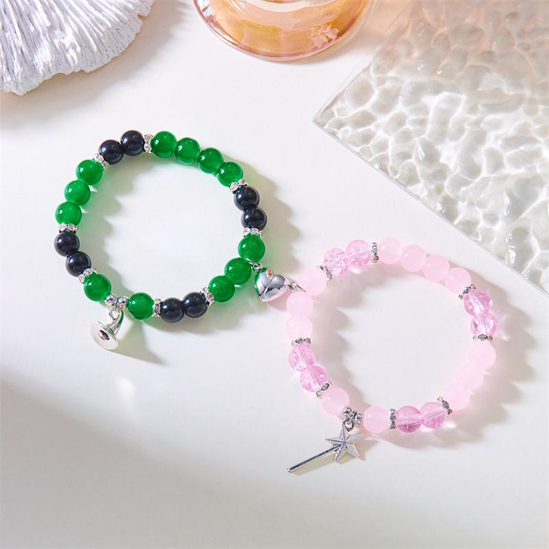 2pcs Magic Stick Hat Crown Matching Bracelets for Women Sweet Pink Green Bead Handmade Stretch Bracelet BFF Jewelry Gifts