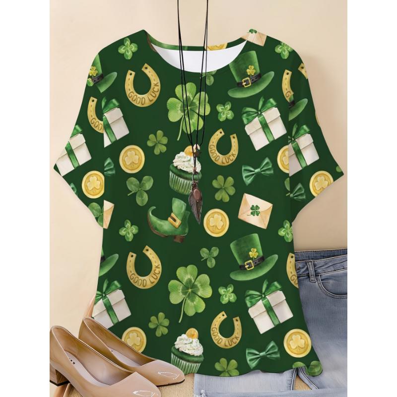 Fashion Women's Crew Neck Short Sleeve 3D Four Leaf Clover Color Printed Four Leaf Clover Short Sleeve Crew Neck T-Shirt