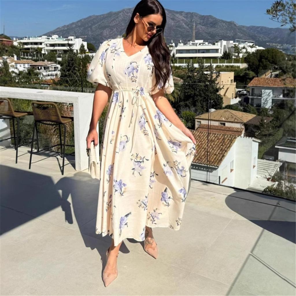 Summer New Women's Short Sleeve Printed Dresses Tie Waist Large Swing Dresses