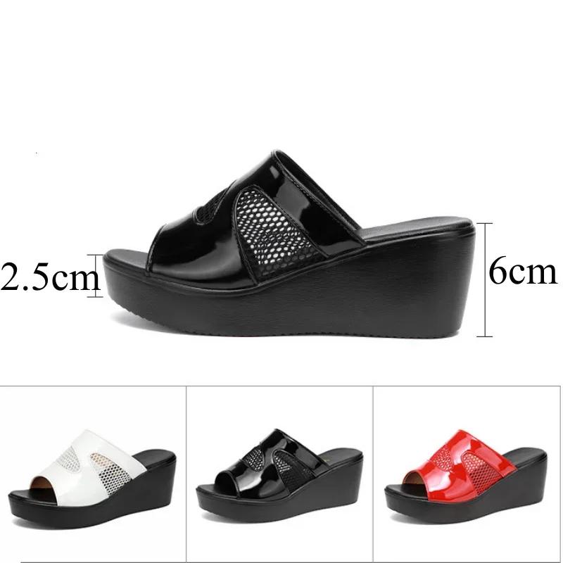 Small Size 32-43 Cutout Patent Leather Shoes Women Wedges Slippers Summer 2025 Outside Medium Heels Platform Slides Office Beach