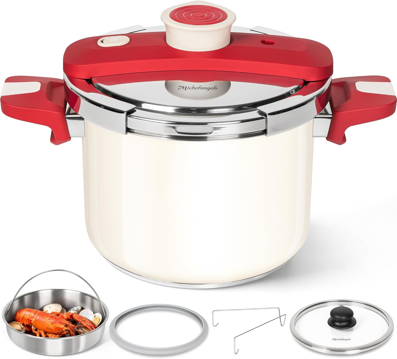 MICHELANGELO Red Cream White Stainless Steel Pressure Cooker Pot 6L 8L Induction Cooker Gas Stove Compatible Durable Pot