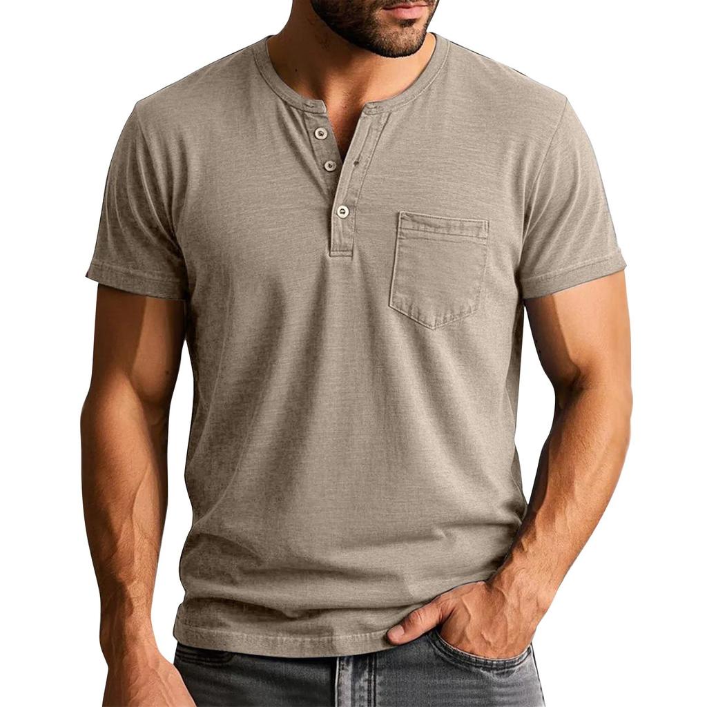 Men's Summer Solid Color Button Collar Short Sleeve Tops Men's Casual Loose Fashion Tops