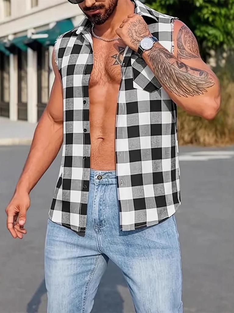 Cross-Border Men's Plaid Sleeveless Shirt with Tassel Design