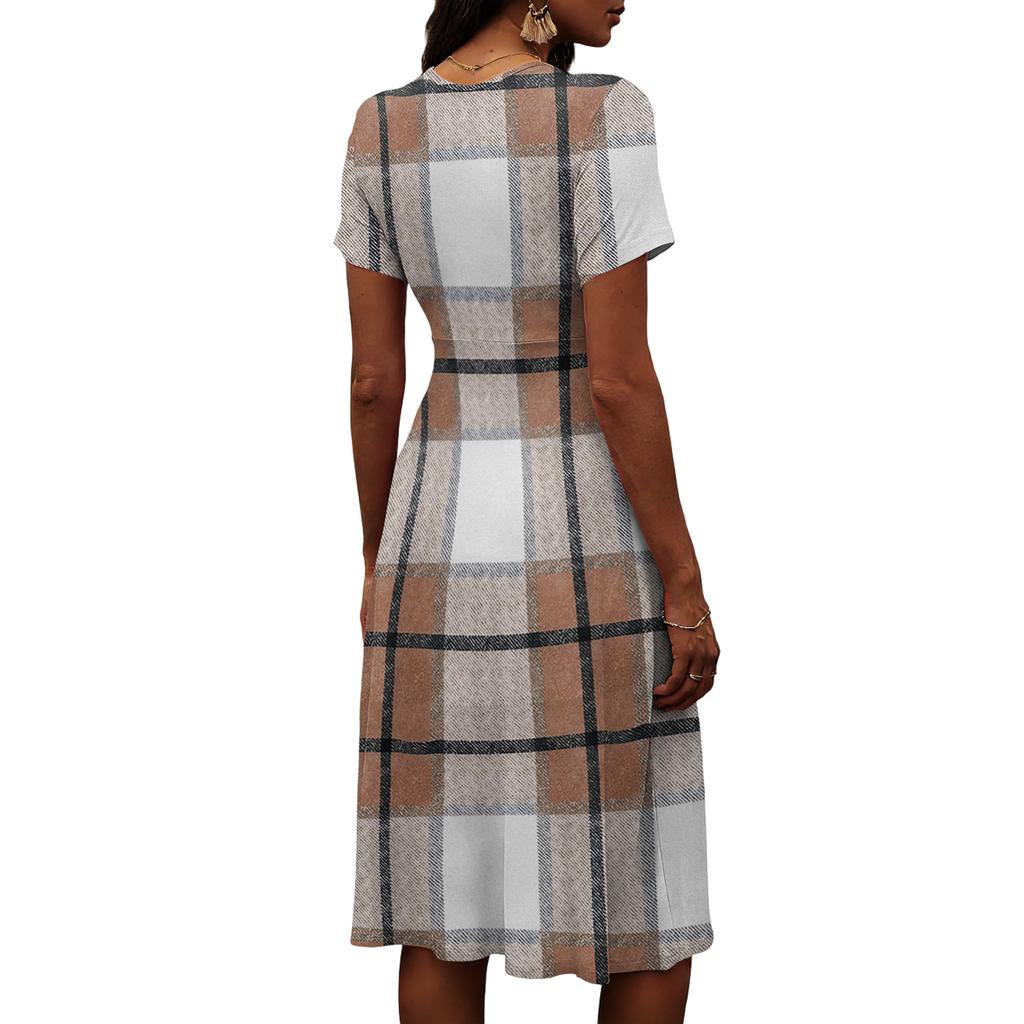 Vestito da donna a quadri casual alla moda a maniche corte con scollo a V