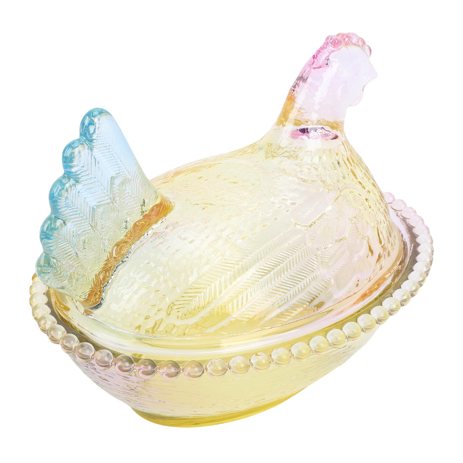 

Chicken Shaped Glass Dish Container Vintage Sugar Bowl with Lid Multi Color Tabletop Dessert Plate Snack Bowl