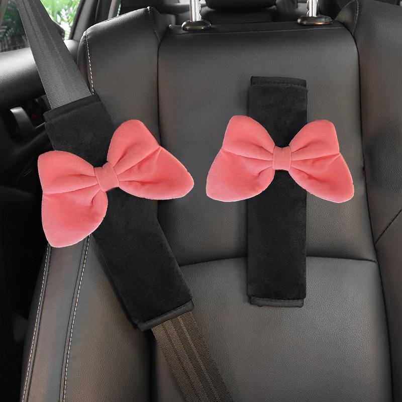 1pc Cute Red Bowknot Universal Car Safety Seat Belt Cover Soft Plush Shoulder Pad Styling Seatbelts Car Mirror Case Accessories
