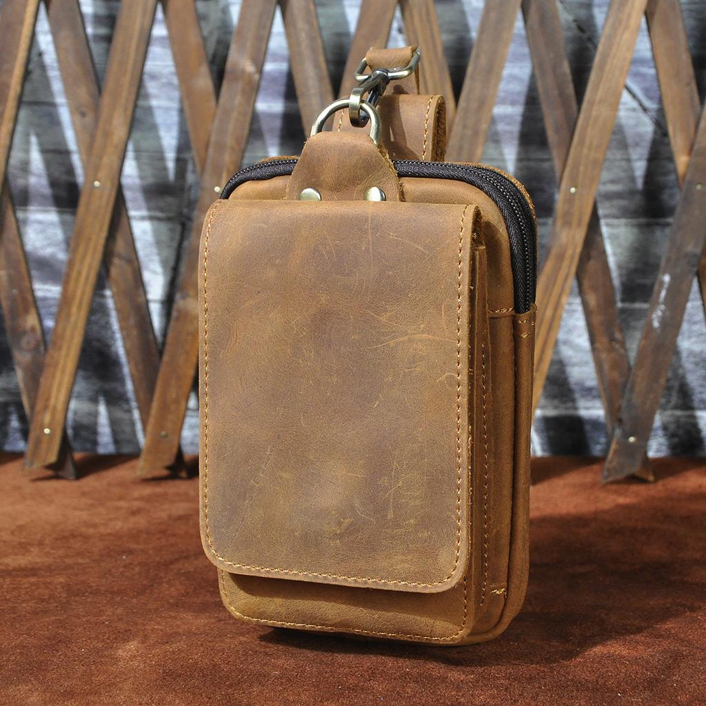 Men Top Layer Crazy Horse Leather Small Waist Bag With Hook 6 Inch Outdoor Phone Storage Pouch belt bag