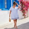 Large size striped dress women's V-neck embroidered loose short-sleeved casual vacation skirt