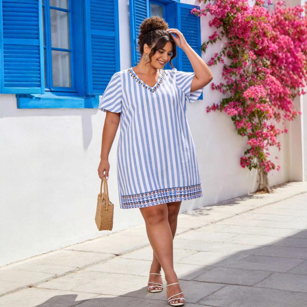 Large size striped dress women's V-neck embroidered loose short-sleeved casual vacation skirt