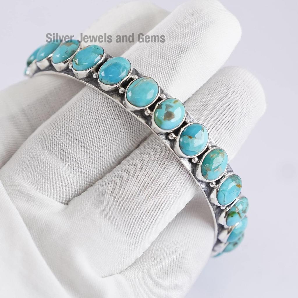 Natural Arizona Turquoise Bangle , Turquoise Bangle, Oval Gemstone Bangle, 925 Sterling Silver Multi Stone Bangle, Wedding Bangle
