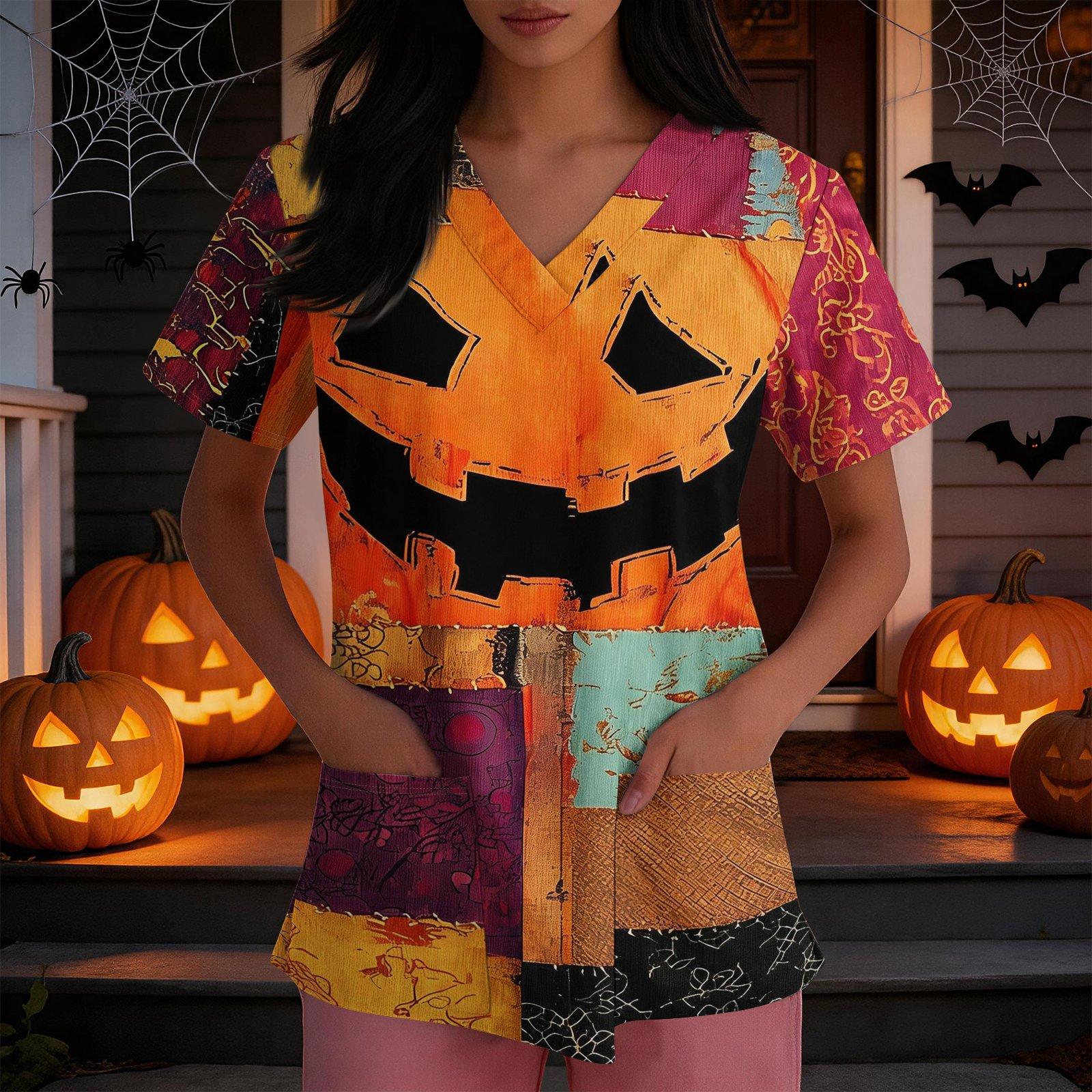 Women s Loose Fit Costume V-Neck Short Sleeve Side Slit Top with Halloween Print XXXXXL