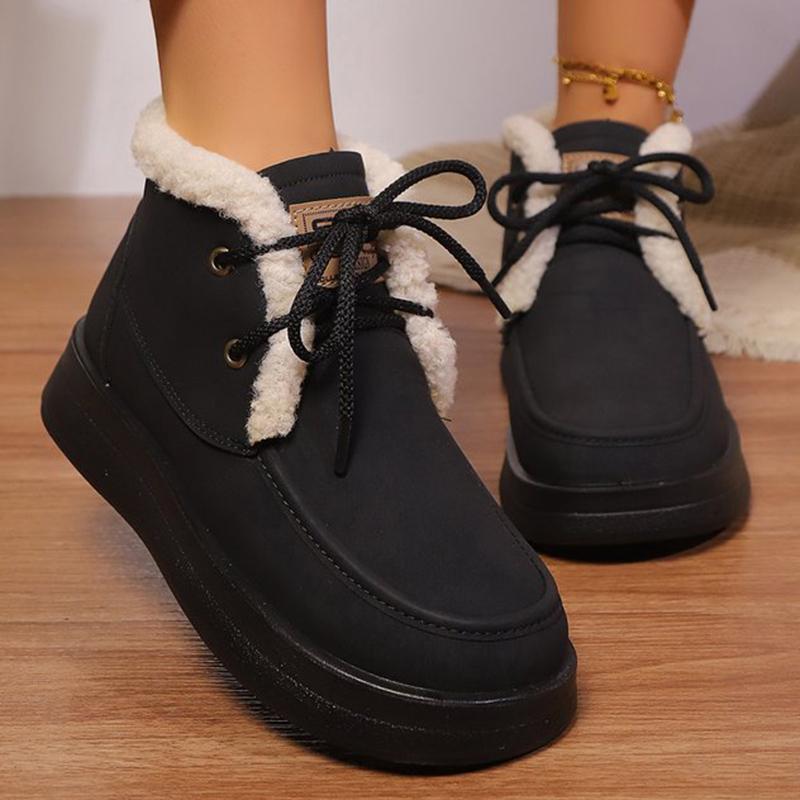 Fashion Retro Fleece Thick Warm Ankle Boots Women Lace Up Platform Snow Boots Woman Winter Pu Leather Short Plush Booties Female