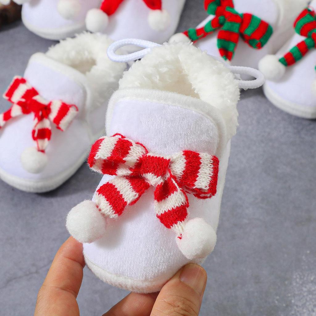 Winter Velvet Christmas Bow Soft Sole Shoes for 0-1 Year Infants - Warm, Anti-Drop Pre-Walking Shoes