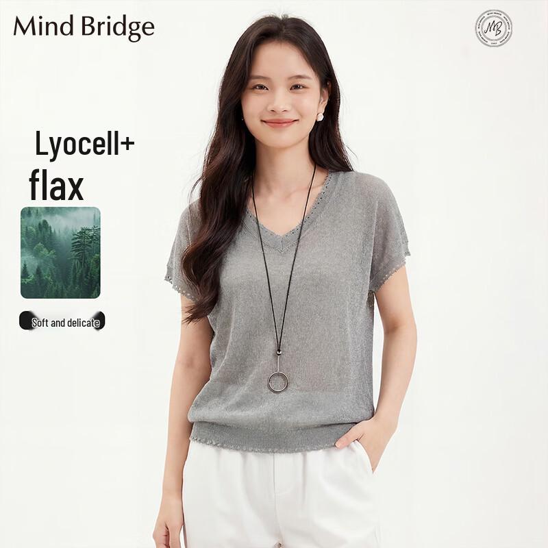 Mind Bridge Women s Korean Style V-Neck Knit Short Sleeve Top One Size