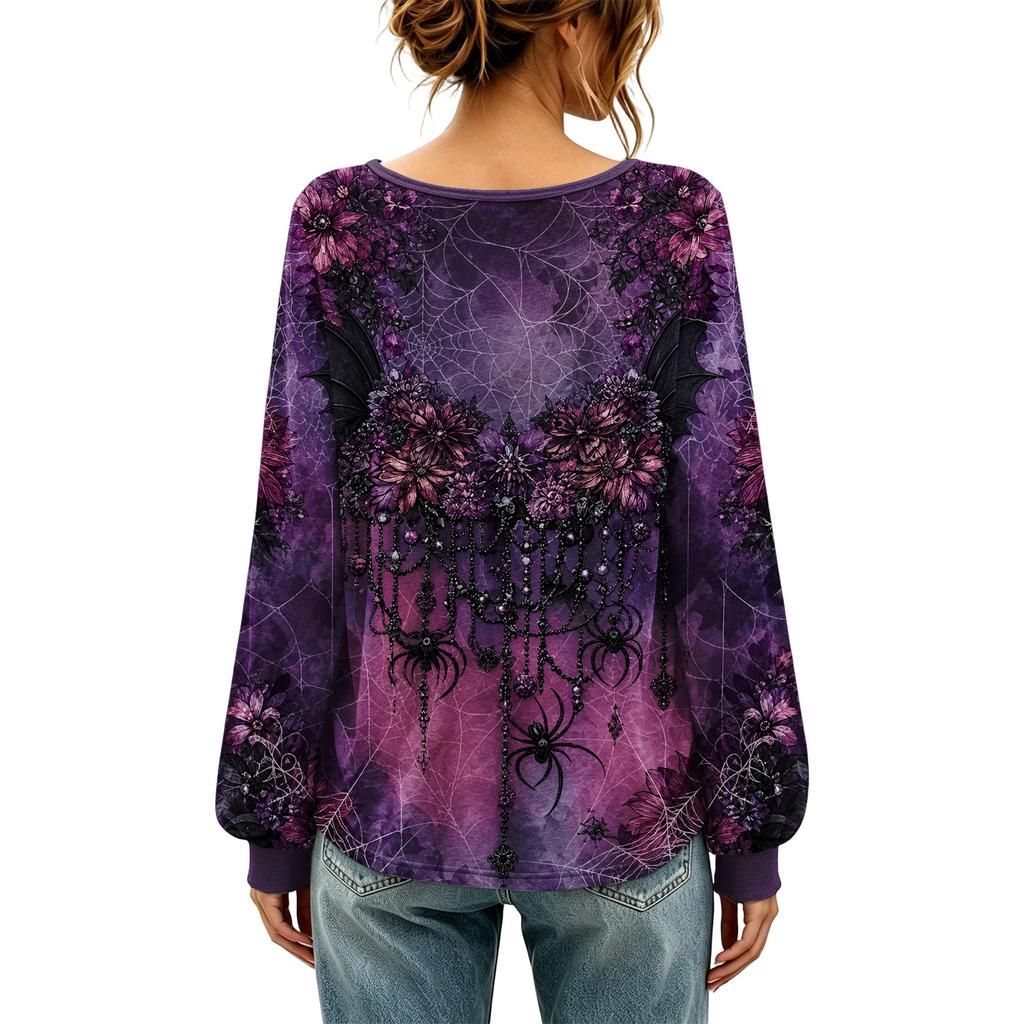 Women's Round Neck Long Sleeve Halloween Print Blouse Top for Party Wear