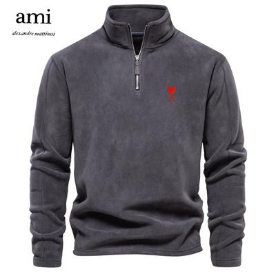 AMI Embroidered Men's Autumn and Winter New Item Stand Up Collar Half Zipper Long Sleeved Sweatshirt Trendy Casual Fleece Top