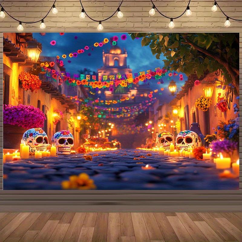 1 Day of the Dead party banner - Bright sugar skull street scene with colorful flowers & lanterns, polyester background fabric