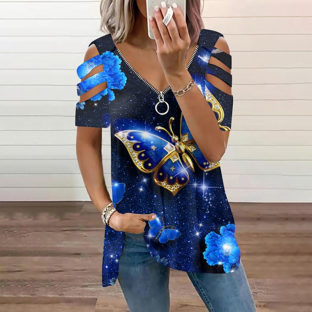 Women's Fashion Casual Loose Print Short Sleeve V-neck Zipper Off-shoulder Top