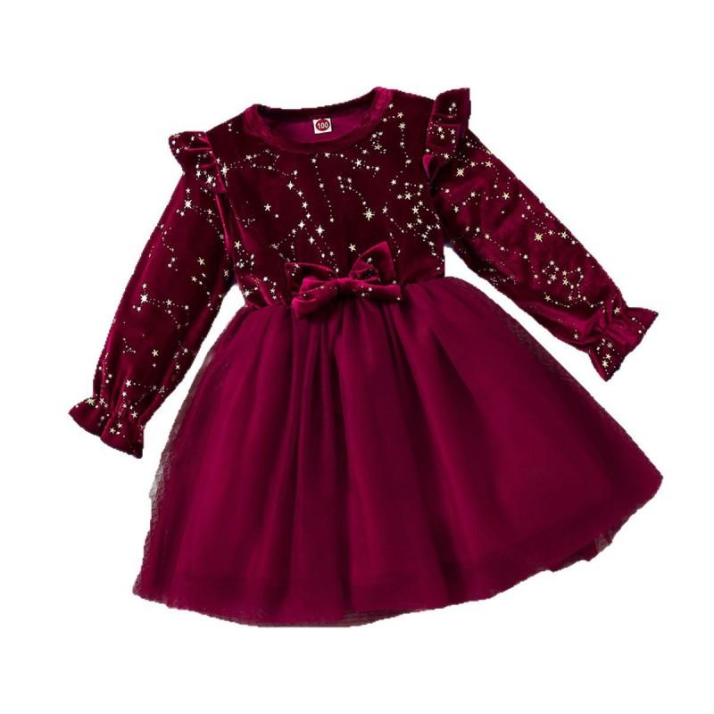 Girls Long Sleeve Velvet Dress Star Print Princess Style 3-8 Years Old Kids