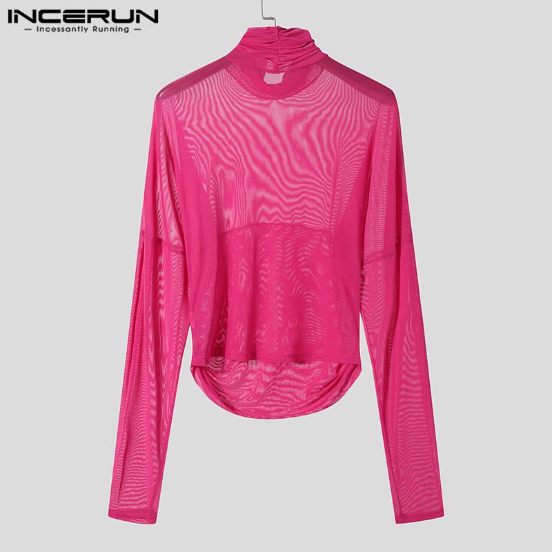 INCERUN Men High Neck Long Sleeve Ruffled See Through Tops Club Party Mesh Irregular T-Shirts