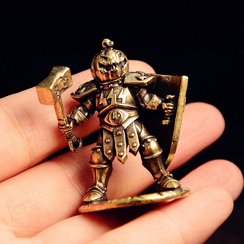 Brass Pumpkin Head Knight Figurine - Miniature Warrior Statue with Hammer and Shield for Desk Decor