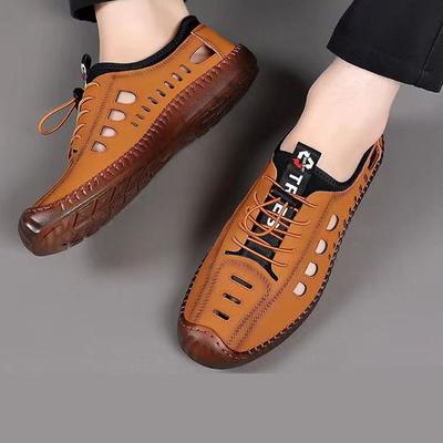 Summer New Hollow Breathable Leather Shoes Versatile Soft Sole Doudou Shoes Men's Low-top One-pedal Casual Shoes