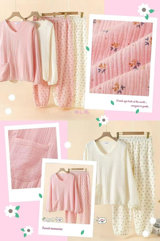 Marshmallow Double Comfortable Loungewear Salmon Women's Spring/Summer Pajamas, 100% Cotton, Gauze, V-Neck, Moisture-Wicking, Quick-Drying, Sleepwear,
