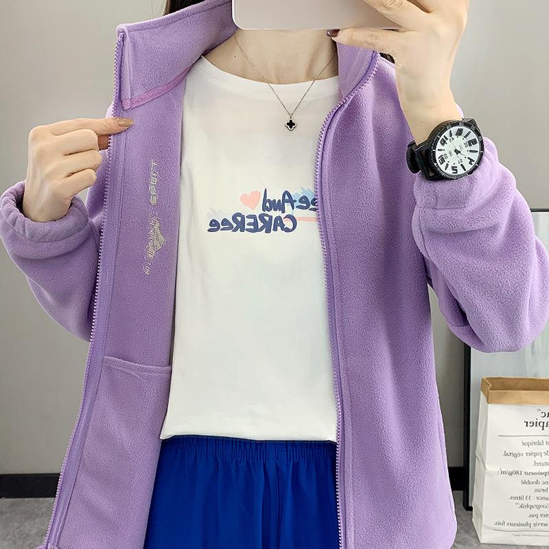 Winter Fleece Hiking Jacket Women Thicked Climbing Running Sweatshirt Double Side Zipper Stand Collar Sport Coat