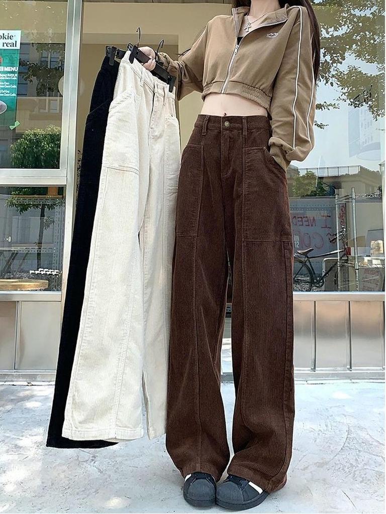 Samt Cordhose Retro Braun Herbst/Winter Weites Bein Messerhose für Damen Groß Hohe Taille Lange Leggings