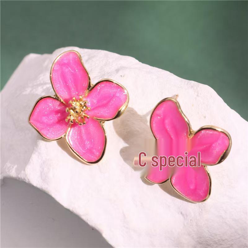 French Retro Red Roselle Drip Glaze Flower Earrings