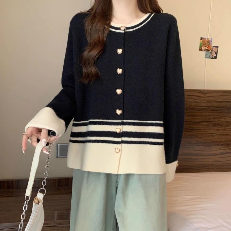 Women's Casual Button Jacket Knitted Contrasting Cardigan Sweater Splicing Top