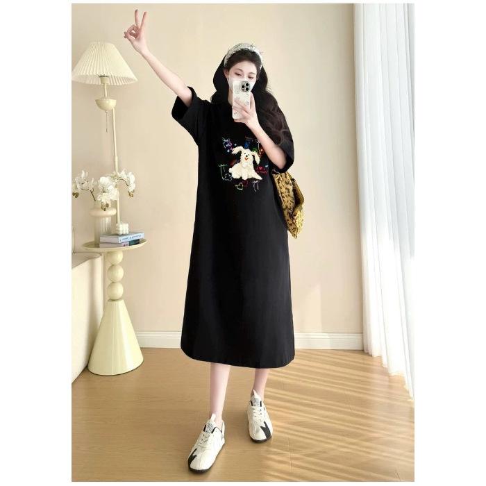 Laid-back T-shirt Long Dress for Women In Summer, Korean Style Loose and Slimming Short-sleeved Loose Casual Cartoon Printed Dress