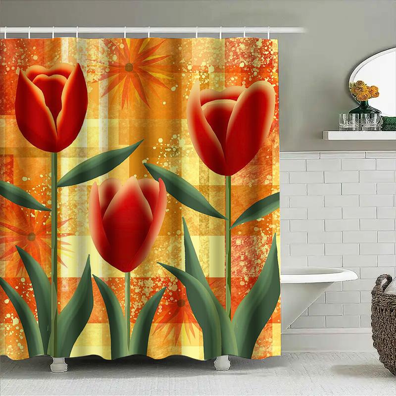 Tulip Shower Curtain Red Flower Design Polyester Waterproof Bathroom Decor With Yellow Orange Background Size 180X245Cm
