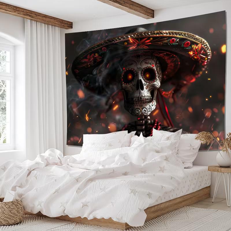 2D Dia De Los Muertos Tapestry, Mexican Sugar Skull & Bokeh Lights Wall Art for Home Decor