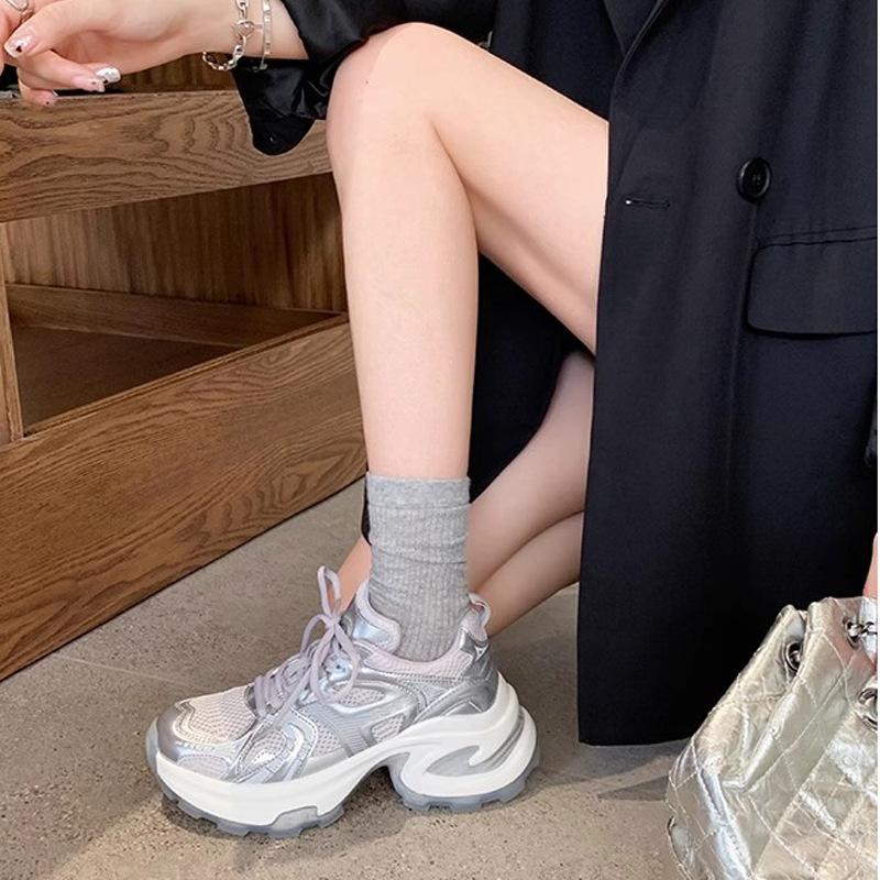 Autumn new heightened platform dad shoes 2025 summer new silver and white breathable mesh casual sports shoes women