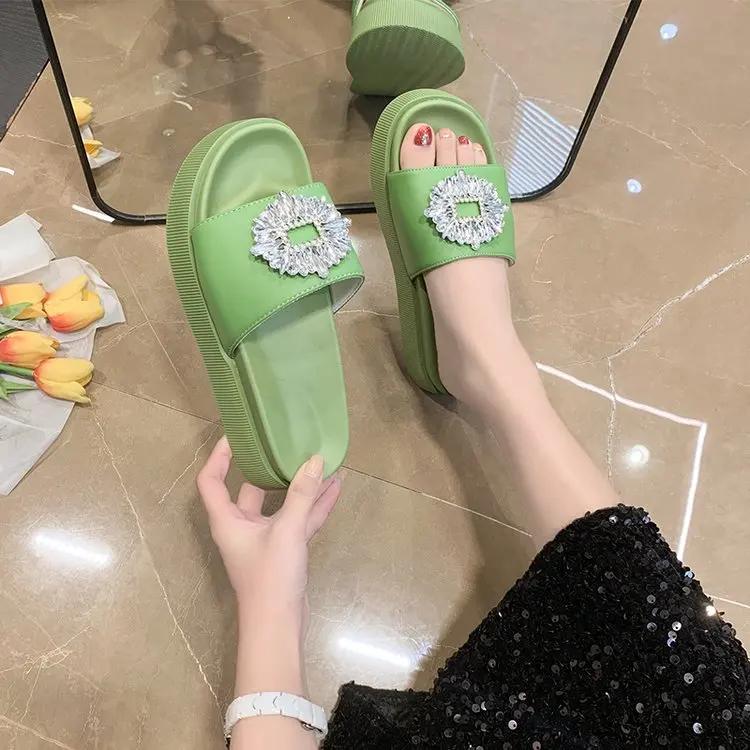 Móda Nové Letní Křišťálové Kameny Spona Pantofle Žena Platformové Sandály Zesílené Podpatky Nazouváky Venkovní Žabky Dámské Muffin Boty