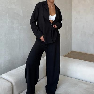 European and American Thin Solid Color Long-sleeved Pajamas Two-piece Set Loose and Comfortable Shirt Women's Loungewear Outside