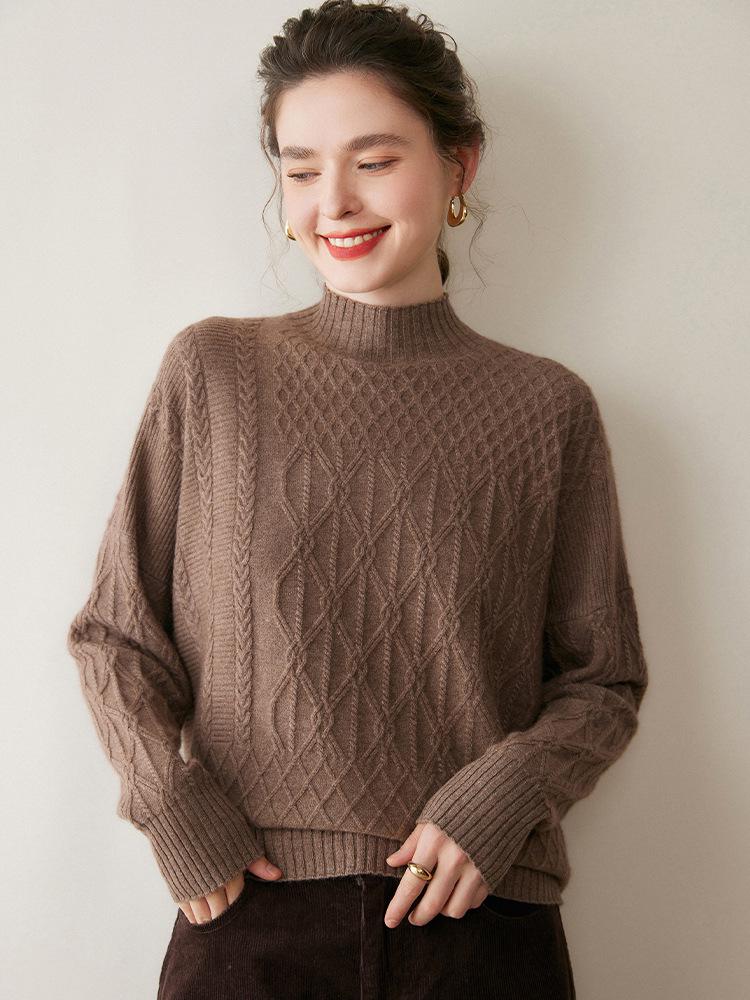 Women's Cashmere Cable Knit Sweater: Warm, Thickened Pullover with Half-High Neck for Autumn & Winter
