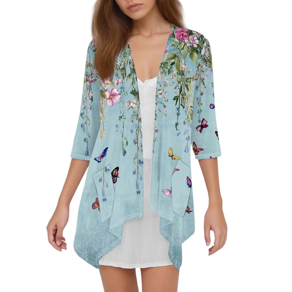 Damen-Cardigan mit unregelmäßigem Dreiviertelärmeln und Druck und Taschenjacke