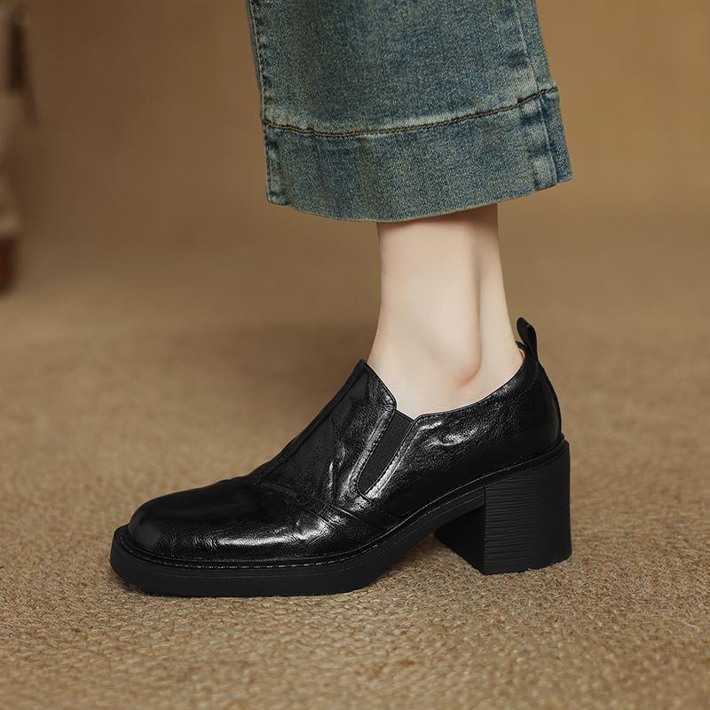 

Fashion 2025 New Spring Genuine Leather Women Shoes Round Toe Women Pumps Brogue Designs Shoes for Women High Heel Loafers Ladies Shoes 34 чорний