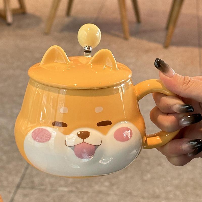 Cute Shiba Inu Coffee Mug Cartoon Animal Ceramic Milk Mug Creative Ceramic Mug with Lid and Spoon Kitchen Drinking Utensils