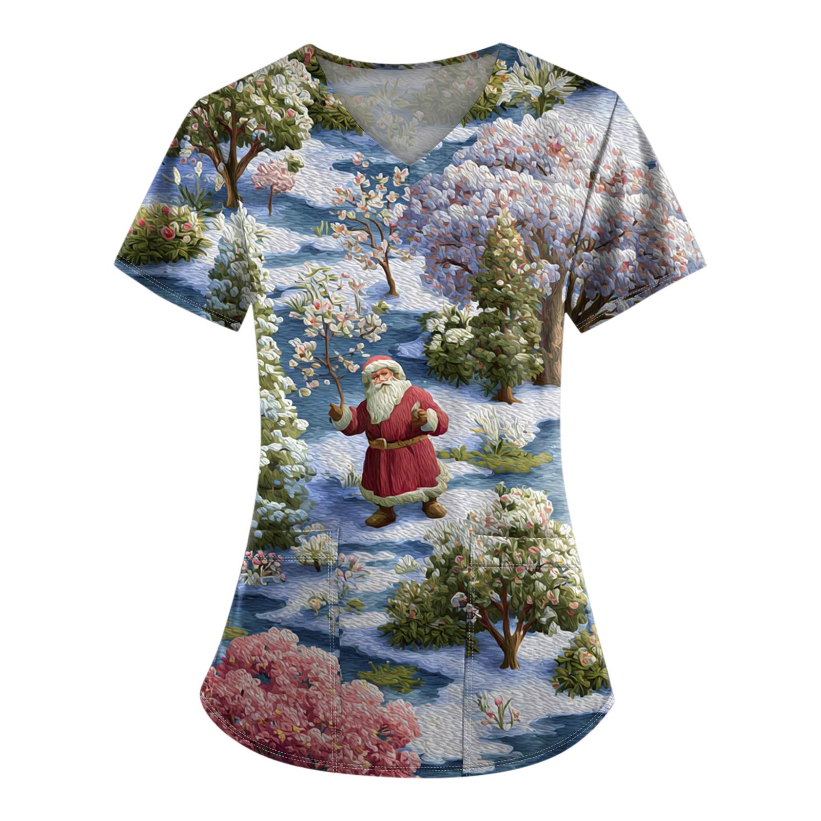 

Женская модная футболка с V-образным вырезом, карманом, коротким рукавом и принтом рождественской елки для сиделки XL