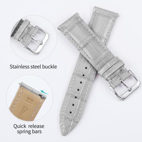 BINLUN Leather Watch Band, Quick Release, Replacement Strap for Men and Women, Crocodile Leather Pattern, Smartwatch Strap (22mm, Gray)