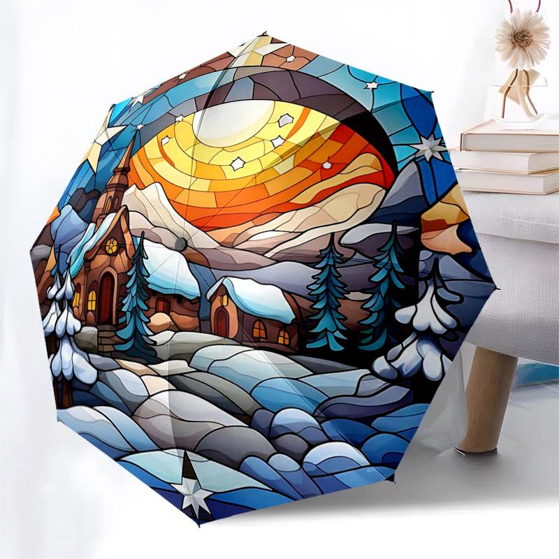 

1pc Stained Glass Winter Scene Automatic Opening Folding Umbrella - 8 Bone Iron Frame, Outdoor, Festive Gift for Fans, Travelers, Daily Use.SS051