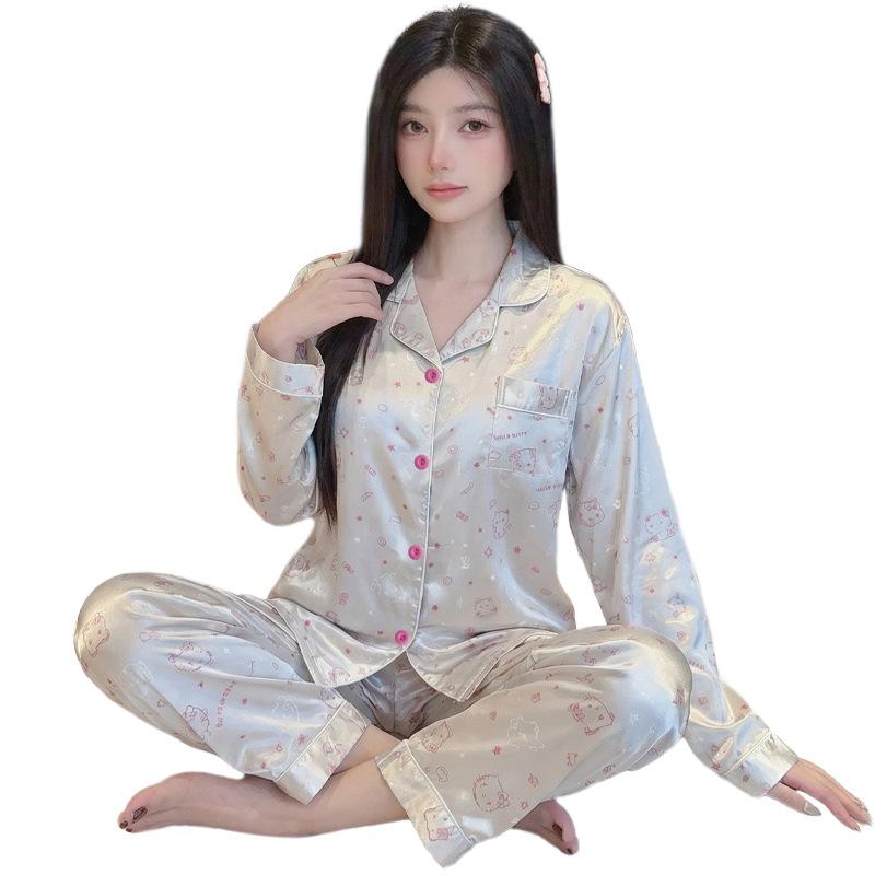 Ice Silk Pajamas Women'S Spring Thin Long-Sleeved Two-Piece Set, Sweet And Cool Loungewear Can Be Worn Outside
