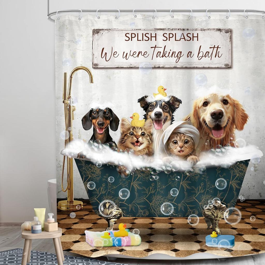 Kids Dog Shower Curtain Bathroom Set Funny Cat Dachshund Doggy Cute Lovely Rustic Animals In Bathtub for Boys Bath Accessories