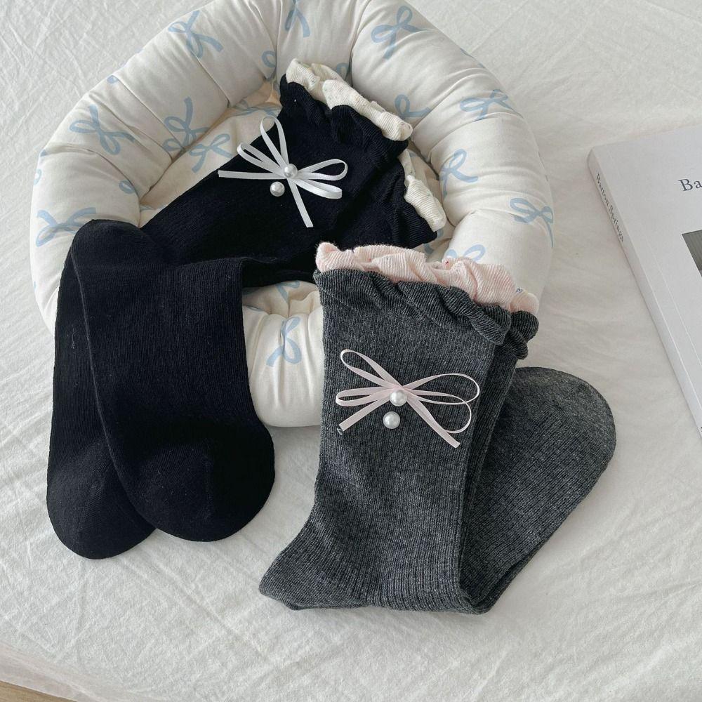 5Pairs Ruffle Mid Tube Socks Thin Sweet Socks Women Solid Color Bowknot Pearl Socks  Lady