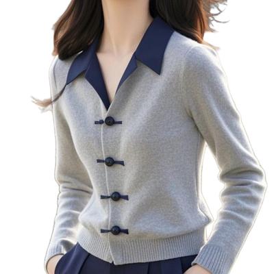 Women's Korean-Style Casual Elegant Knitwear Solid Color Button V-Neck Patchwork Long-Sleeve Top