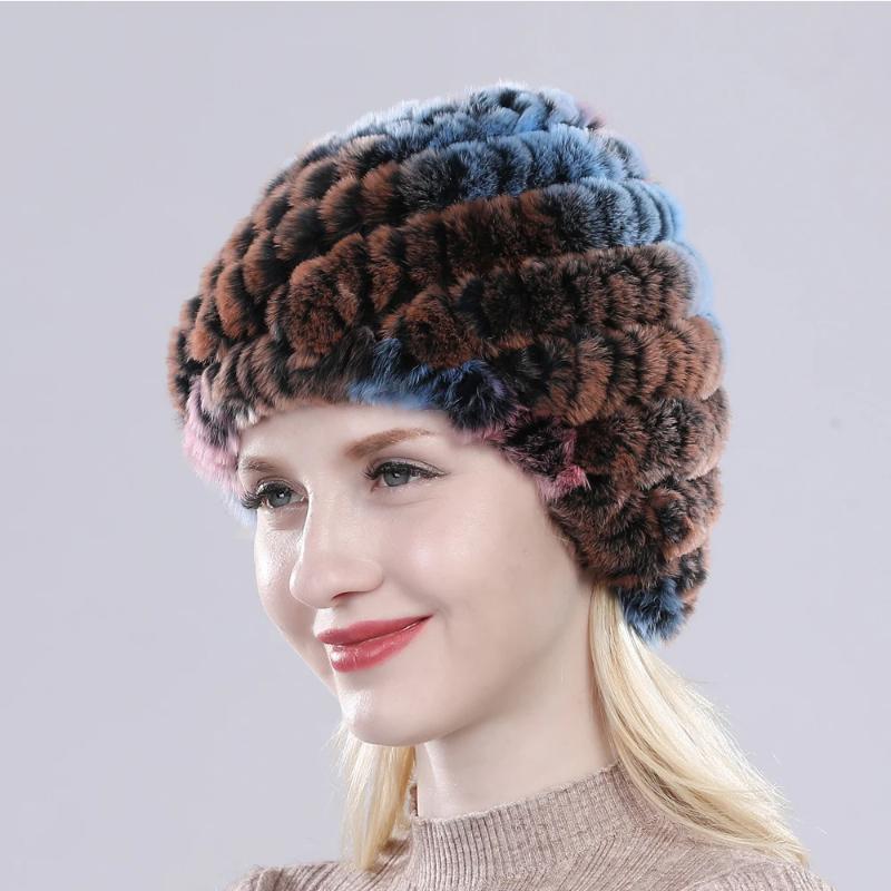 Hot Sale Russian Lady Natural Real Rex Rabbit Fur Hats Women Knitted Outdoor Rex Rabbit Fur Hat New Warm Real Fur Caps